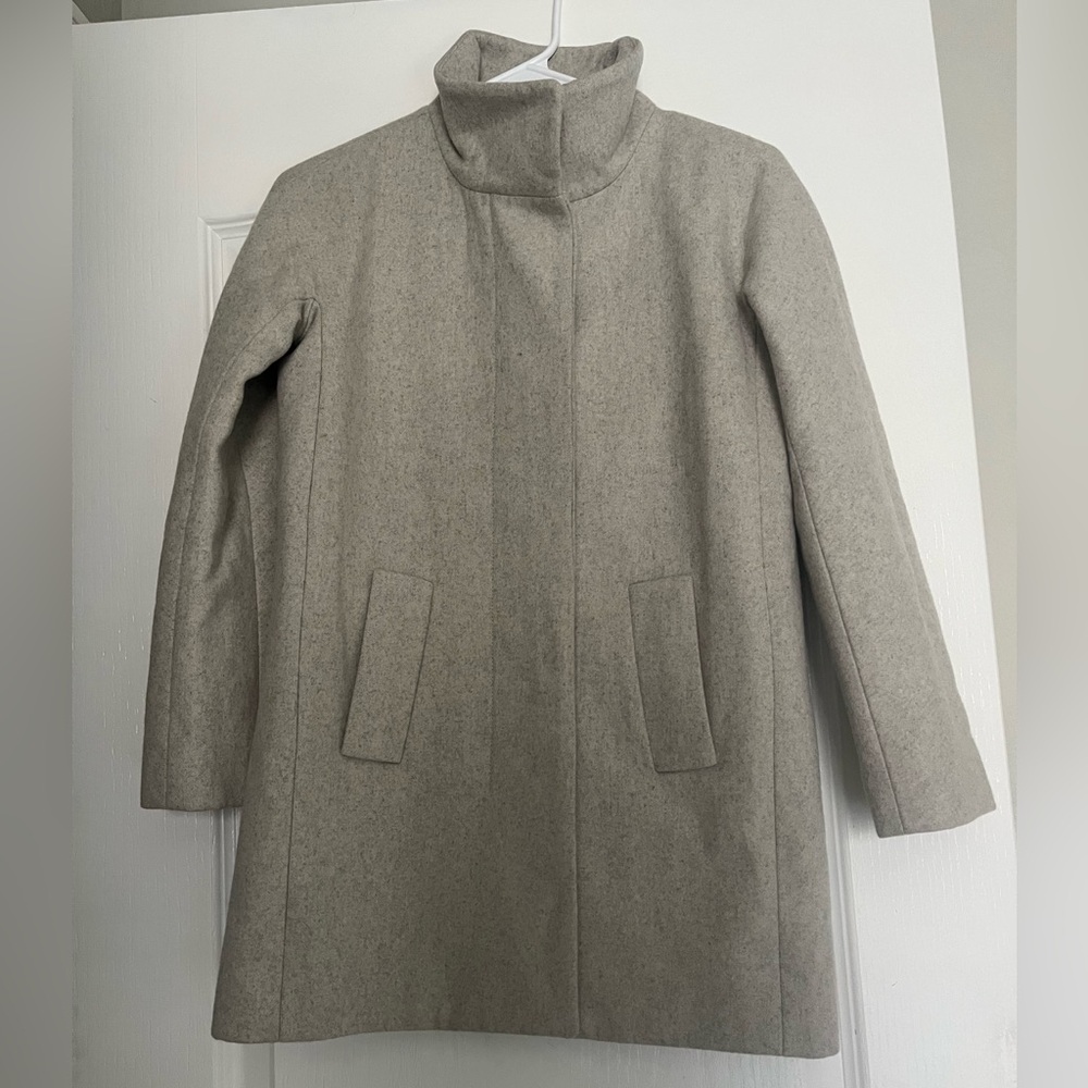 “Like New”J. Crew Women's Gray City Coat Wool Blend Long Line Button High Collar